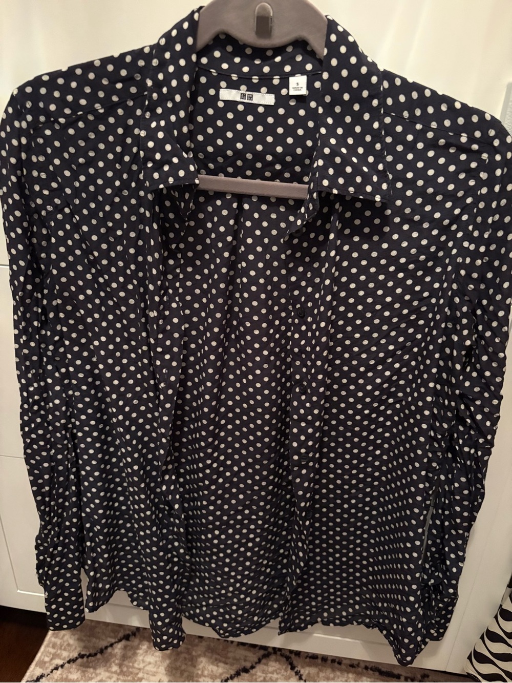 Uniqlo navy & White Polka Dot Button-Down Blouse